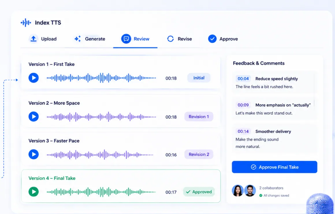 Illustrated client review and voiceover iteration workflow with Index TTS