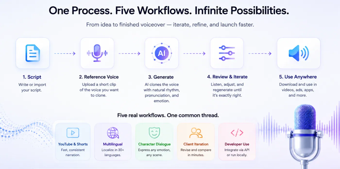 One repeatable Index TTS process applied to five creator workflows