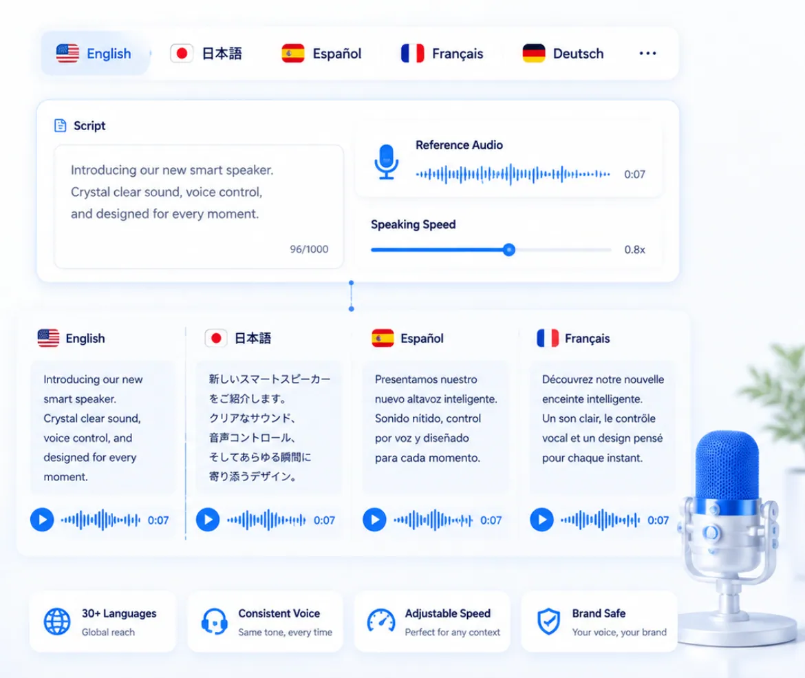 Conceptual multilingual product marketing workflow using Index TTS