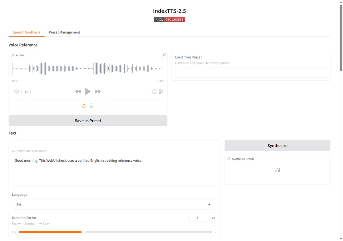 Completed English voice-cloning input in the local Index TTS 2.5 WebUI