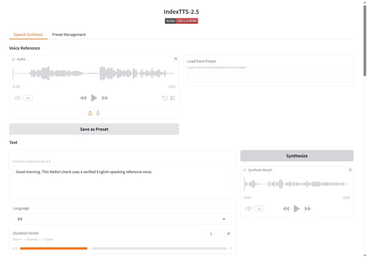 Generated English audio result in the local Index TTS 2.5 WebUI